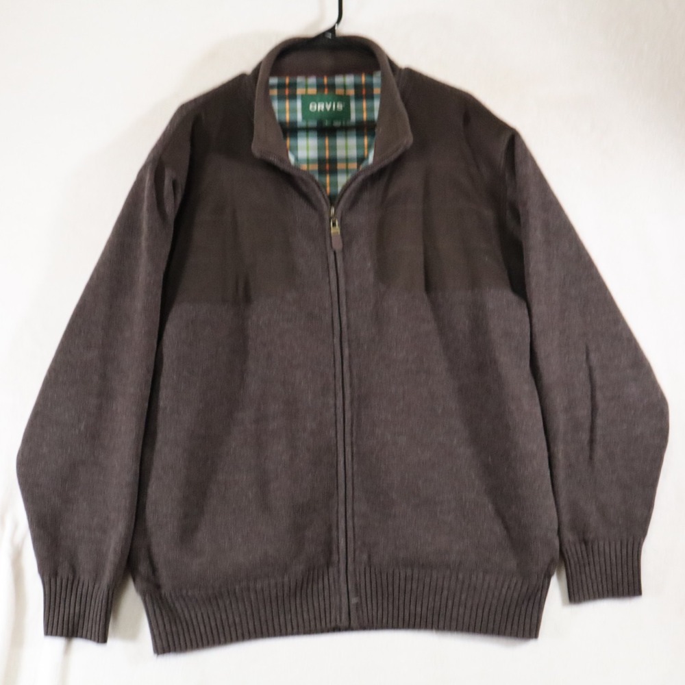 Orivis Jacket Mens Large Tan Green Knit Wool Full Zip Mock Neck Lined Hunting
